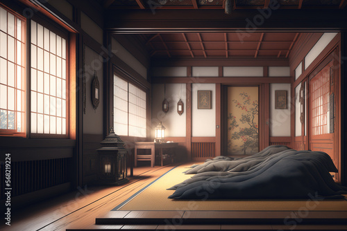 Japan's Koyasan Temple has a traditional room with tatami mats and beds. Generative AI