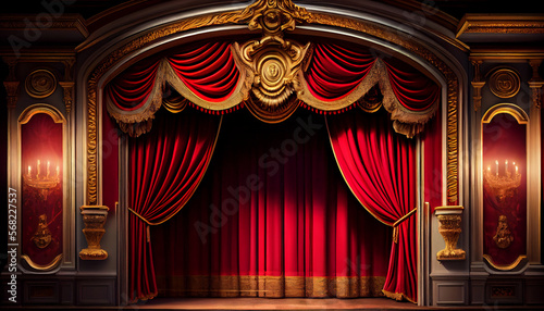 A theater with a red curtain and stage, generative ai