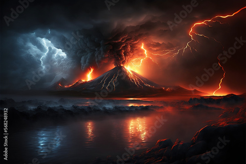 Beautiful Vulcan eruption, Vulkan thunderstorm, Storm, Lightning bolt, river