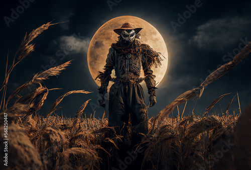 portrait of the scarecrow witch approaching by a full moon, generative ai