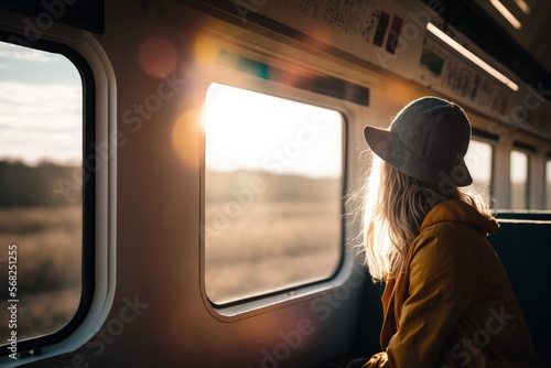 Woman on a train looking through the window, travel concept, chasing her dreams, generative AI