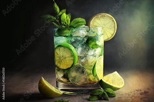 An image of a mojito cocktail may be seen in the bar's background. Generative AI