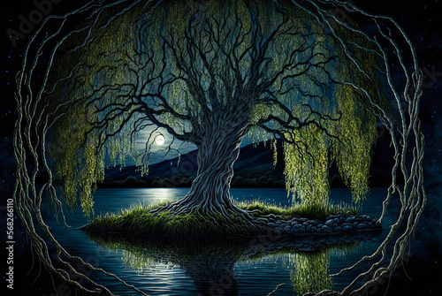 Irish landscape, weeping willow tree overhanging water, night, moon. Generative AI