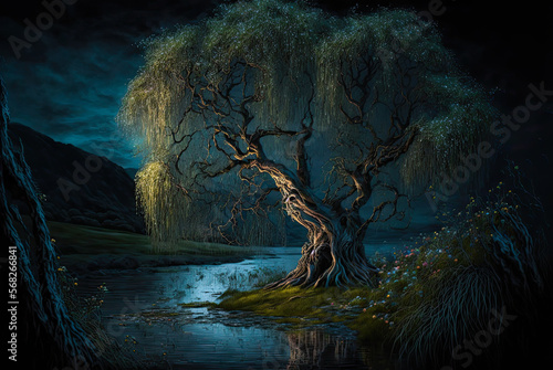 Irish landscape, weeping willow tree by a river, night. Generative AI