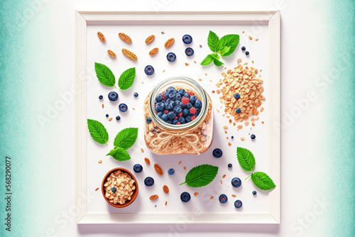 Healthy breakfast ingredients. Homemade granola in open glass jar, milk or yogurt bottle, blueberries and mint on white wooden background, top view, copy space. Generative AI