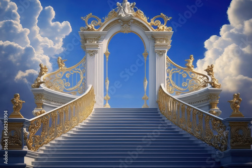A idea showing a massive stairway ascending to the open, regal pearly gates of heaven, surrounded by a background of the blue sky . Generative AI