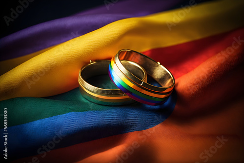 Two rings on rainbow background, Same sex marriage concept. LGBT marriage, Generative AI