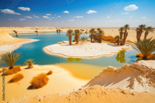 Desert lake with natural salt water. Egyptian oasis at Siwa. Egypt tourist destination. Generative AI