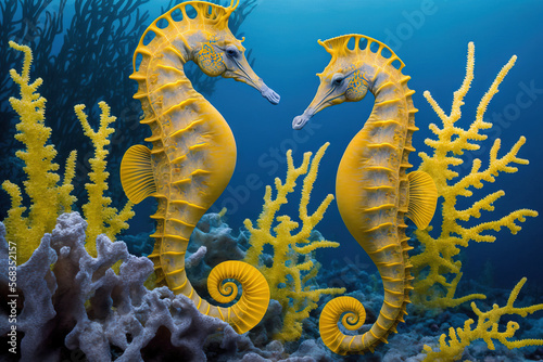 yellow seahorses swimming close to the coral (Hippocampus Taeniopterus). Generative AI