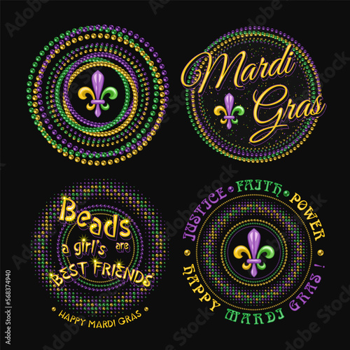 Set of 4 colorful labels with text for carnival Mardi Gras decoration in vintage style on black background. For prints, clothing, t shirt, holiday goods, stuff, surface design.