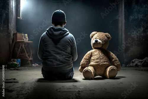 Young boy and his teddy bear are sitting on the floor of a dark, abandoned room. Mysterious, scary place. No love, poverty, fear, child loneliness concept. Ai llustration, digital art.