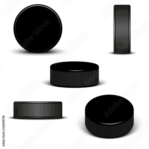 Hockey puck isolated on white background 3d realistic vector objects, set of different positions: front, side, isometric view.