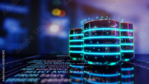 Relational database tables on databases are placed on Structured Query Language code with server room background. Concept of Database server, SQL, Database diagram design. 3D render.