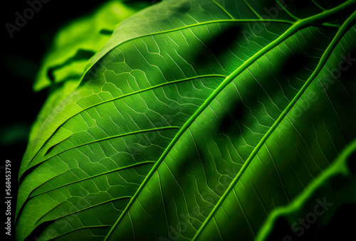 Close-up of green plant leaf, generative ai