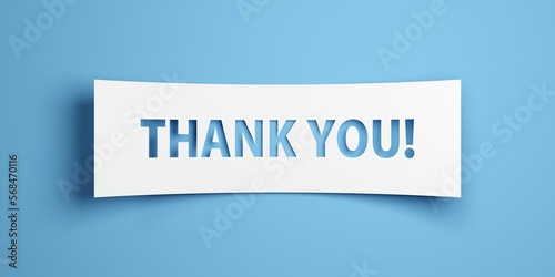 Thank you text on white paper cut out over blue background, gratitude concept