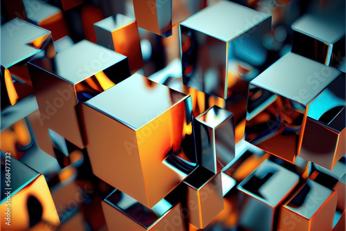 Generative AI illustration of digital cubic abstract background of color, metal squares, reflection