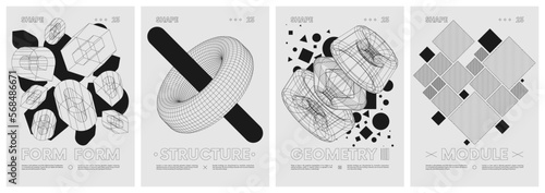 Strange wireframes extraordinary graphic assets of geometrical shapes modern design inspired by brutalism, geometric figures contemporary artwork, abstract monochrome vector set posters