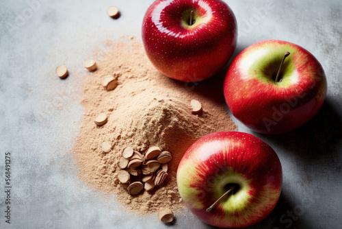 Fresh red apples with powdered apple pectin fiber on a wooden table backdrop. looking up. Lay flat. Generative AI