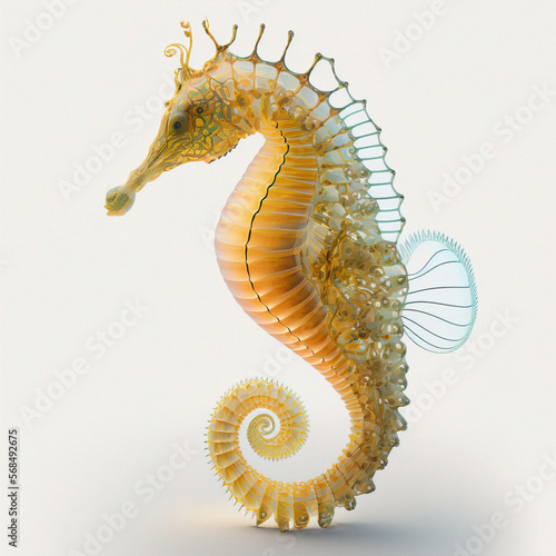 3D illustration of seahorse with gold color tones, realistic texture, isolated, rendered object