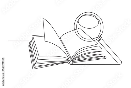 Magnifier hand drawn by one continuous line art drawing vector illustration minimalist design isolated on white background. A magnifying glass above an open book. Zoom in and discovery concept.