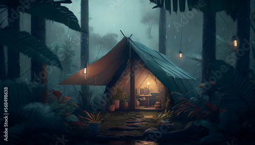 rain on the tent in the forest, tropic, quiet, calm, peaceful, meditation, camping, night, relax
