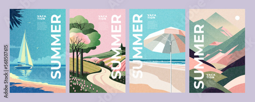 Summer nature landscape poster, cover, card set with sea view, sunny beach, mountains, fields and typography design. Summer holidays, vacation travel in Europe illustrations.