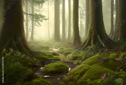 Dawn in the Mist: A Serene Forest Landscape with Lush Trees and Tranquil Streams, generative ai