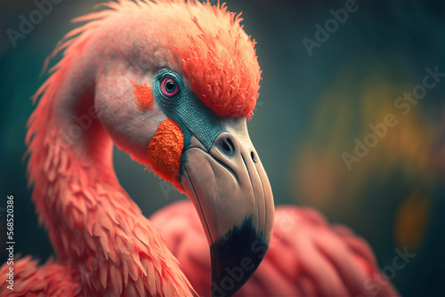 One pink flamingo bird closeup. Generative AI