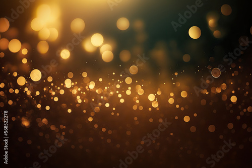 Gold abstract bokeh background. real backlit dust particles with real lens flare. glitter lights. Generative AI.