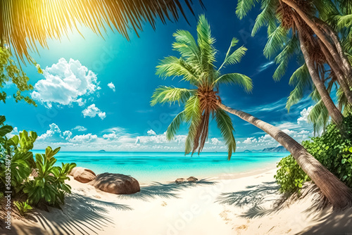 Idyllic tropical beach, natural landscape with palm tree, bright sunny day. generative AI