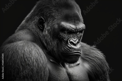 Portrait face powerful dominant male gorilla on black background, Beautiful Portrait of a Gorilla. severe silverback, anthropoid ape, stern face. isolated black background,Generative AI 