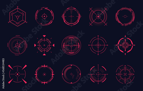 Red dot sights. Weapon aim hud crosshairs sniper accuracy, circle goal thermal telescope, bullseye gun scopes rifle sighting, sport military shooting dots mark vector illustration