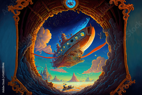 acrylic art, illustration, and oil painting in a fantasy setting with Peter Pan's flying ship traveling through space via a time portal. Generative AI