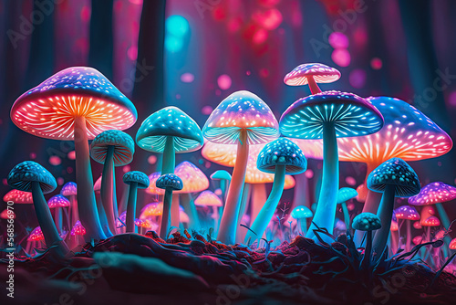 ai midjourney illustration of blue glowing lit mushrooms