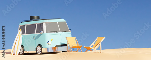 Retro van parked on sandy beach. 3d render