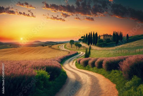 Wonderfully beautiful Tuscan sunset scenery in the summer. Stunning flower filled grain fields and a meandering country road lined with cypress trees at dusk, Italy, Europe, Tuscany, Asciano