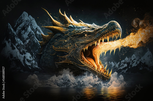 Ochre giant dragon breathing fires crashing through a glacier. Mythological Creature. Norse myth and legend. God of War. Mountains in the dark background