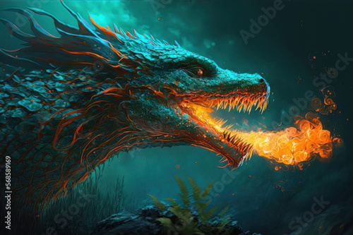 Teal & Orange Dragon breathing fire on a dark background underwater. Mythological creature