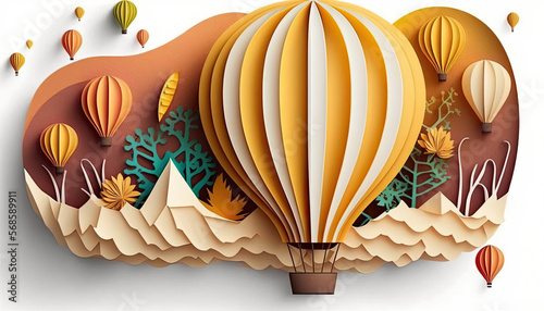 Hot air balloons floating over mountains, paper art style, autumn colours, leaves, trees, travel tourism adventure theme, generative AI