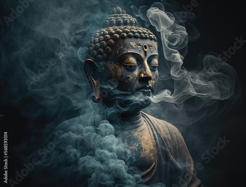 Buddha statue decorated with offerings and flowers. Murti Buddha in the smoke from the incense and floral decorations. Buddhism and its deities Generative AI