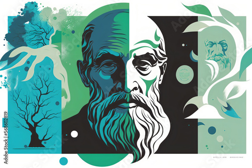 an illustration that showcases the essence of Plato's philosophy, with an emphasis on his ideas about the Forms, reality, and knowledge. The illustration should have an abstract feel. Generative AI.