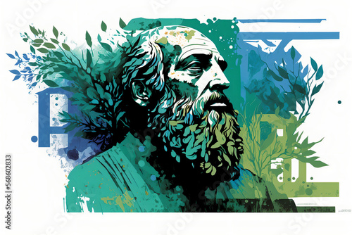 an illustration that showcases the essence of Plato's philosophy, with an emphasis on his ideas about the Forms, reality, and knowledge. The illustration should have an abstract feel. Generative AI.