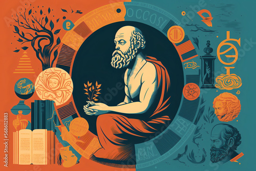 an illustration of Socrates, the ancient Greek philosopher, surrounded by symbols and motifs related to his philosophy and teachings. Depict him in a thoughtful and reflective posture. Generative AI.