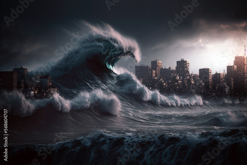 Huge tsunami destroying a city. Dramatic scenery with a apocalyptic big wave flooding the lanscape. Natural disaster. Generative ai