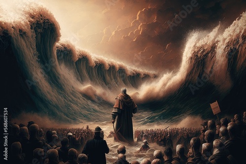 Moses and His Followers Escaping from the Egyptians The Exodus of the Bible, Crossed by Parting the Red Sea Generative AI