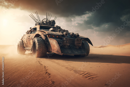 Car in desert, post apocalyptic landscape,, generative ai