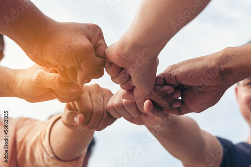 Close up hands Teamwork group of multi racial people meeting join hands. Diversity people hands join empower partnership teams connect volunteer community. Diverse multiethnic Partners team together