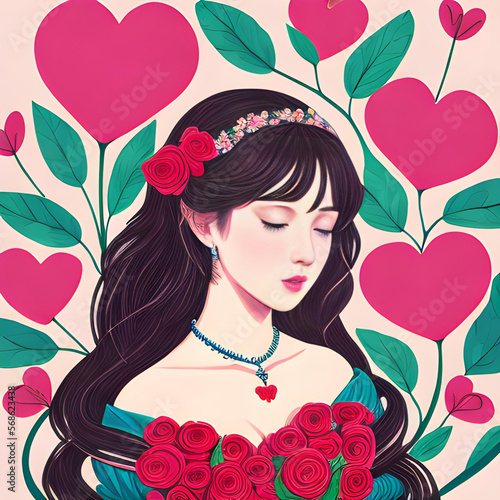 Una linda imagen de una chica rodeada de corazones, en tonos rosados, generada por inteligencia artificial