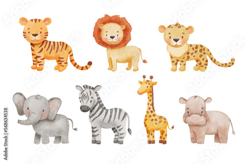 Cute giraffe, tiger and elephant in cartoon style. Watercolor Drawing african baby wild animal isolated on white background. Jungle safari animals set