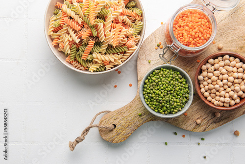 A variety of fusilli pasta from different types of legumes. Gluten-free pasta.